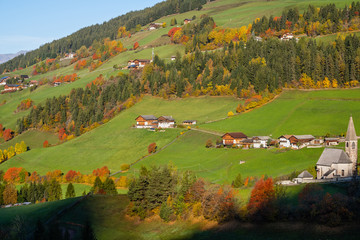 Autumn morning Santa Magdalena famous Italy Dolomites mountain village environs view