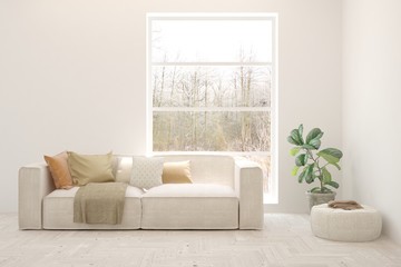 Fototapeta premium White living room with sofa. Scandinavian interior design. 3D illustration