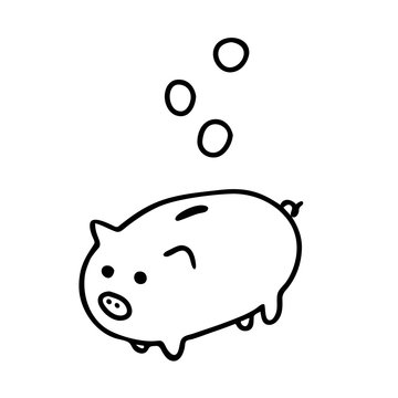 Piggy Bank in the style of Doodle. Linear image of a piggy Bank with coins falling into it. Vector illustration isolated on a white background.