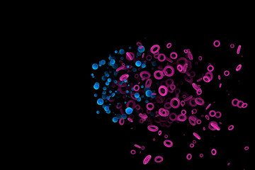 explosion particles of virus. Scattered colored virus bacteria on black background. pattern with abstract virus