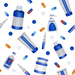 Medicine collection. Seamless pattern. Illustration with medical tablets, medicines, pills, sanitizers,  vitamin, antibiotic. White background.