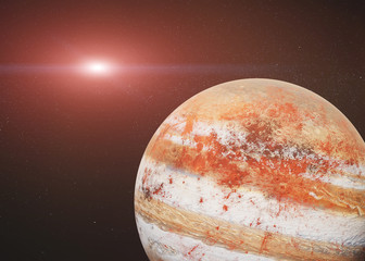 Red Jupiter like fiction planet in outer space with lens flare of rising sun. 3D rendered illustration. Elements of the image were furnished by NASA
