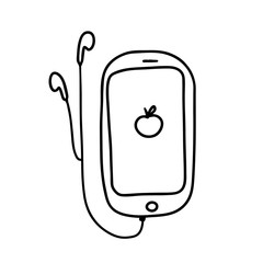 Phone or player with wired headphones. Vector illustration isolated on a white background. Icon of the player with headphones.