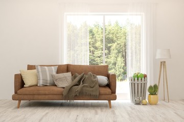 White living room with sofa and summer landscape in window. Scandinavian interior design. 3D illustration
