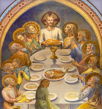 BARCELONA, SPAIN - MARCH 4, 2020: The modern fresco of Last supper in church Iglesia Sant Angel Custodi from unknown artist from year 1936.