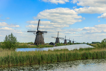 Naklejka premium Old windmills on dutch landscape, Kinderdijk is a village in the municipality of Molenlanden, in the province of South Holland, Netherlands