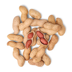 Pile of roasted peanuts in shell isolated on white background, top view.