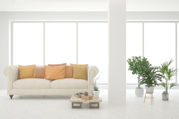 White living room with sofa. Scandinavian interior design. 3D illustration