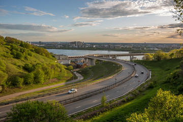 Nizhny Novgorod. Beautiful evening and sunset overlooking the Oka River and the descent to the bridge
