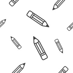 Seamless pattern with randomly scattered pencils of different sizes. Minimalistic linear image on a white background. Vector.