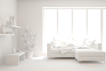 White minimalist living room with sofa. Scandinavian interior design. 3D illustration