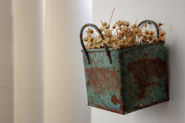 Bunch of tinny artificial flowers, hay colored, inside a blue metal box, very old and rusted, hanging on the wall
