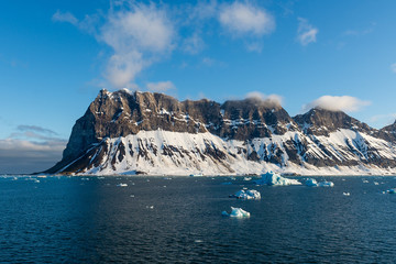 Arctic landscape with sea and mountains in Svalbard, Norway