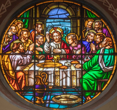 BARCELONA, SPAIN - MARCH 5, 2020: The modern fresco of Last supper in church Iglesia Sant Angel Custodi from 20. cet..