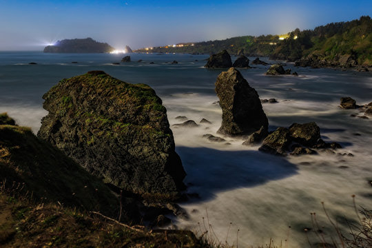 Moonlit Night Image of a Rocky Beach, Northern California Coast