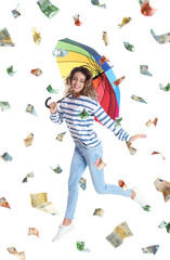 Woman with umbrella under money rain on white background