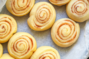 bun roll cinnamon, home baked goods Menu concept healthy eating. food background top view copy space