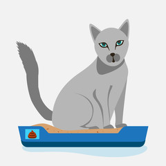 Cat sitting in litter box. Clipart image. Kitty that sits in a cat litter tray. Cat in the toilet . Flat cartoon style vector design illustrations.