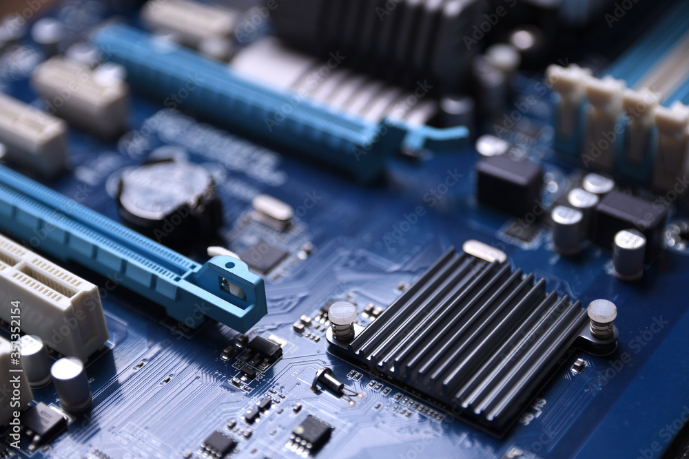 Poster Computer motherboard and electronical components cpu gpu memory and different sockets for video card close up