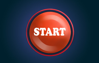 Red magnet with word START on dark blue background, top view