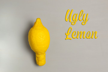 Ugly Lemon on a gray background. Close-up. Top view. Horizontal orientation. The concept of ugly vegetables and fruits. Lettering.