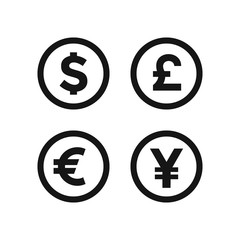 Money currency sign. Dollar, Pound, Euro, Yuan icon vector.