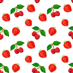 gouache seamless pattern with fruits and berries cherry and strawberry on a white background, vegetarian pattern for diet, healthy eating. Use as restaurant menu, packaging, product design,textile