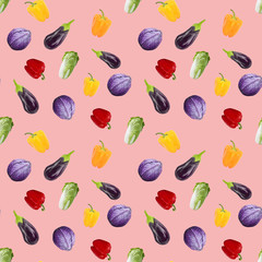 Seamless pattern veganism eggplant, peppers, cabbage on pink background. Gouache hand drawn illustration. Fresh food. Design for textiles, packaging, fabrics, menus, restaurants, cafes.