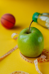 Healthy eating with Workout and fitness dieting ,fitness and weight loss concept, fruit, Vegetable and orange juice,notebook,top view on blue wooden background, Food and health.