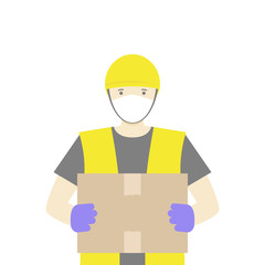 Fototapeta na wymiar Delivery man in medicine mask and gloves with box. Vector illustration
