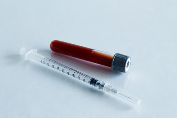syringe and test tube with blood isolated on white background. Healthcare medical Coronavirus quarantine, hygiene concept. Prevent coronavirus. top view