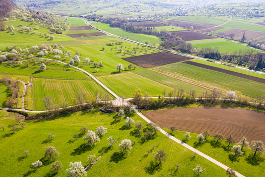 Germany, Baden-Wurttemberg, Weilheim an der Teck, Drone view of vast green countryside in spring