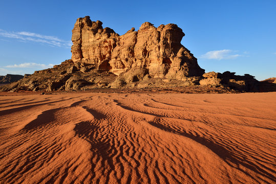 Algeria, Sahara,  Tassili N'Ajjer National Park, Tassili Tadrart, rocks and dunes at the cirque