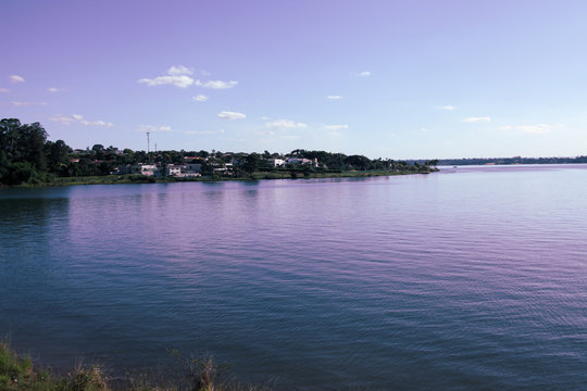 The landscape of a village on the pontoon shore of lake paranoa in Brasilia, an entertainment and leisure complex, where various water sports are practiced