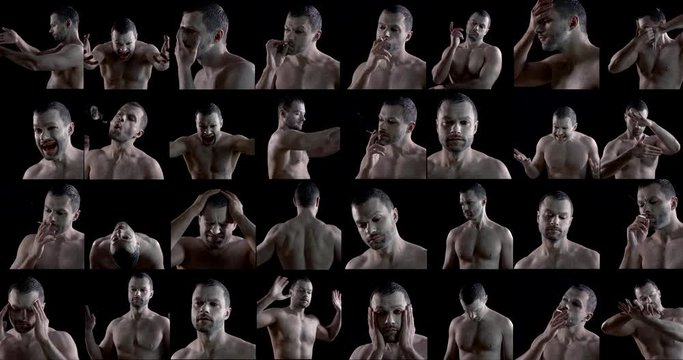 male actor is demonstrating different emotions and images with white makeup, collaged shot