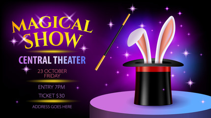 Magical show ticket, poster or flyer with bunny ears in hat. Illusionist performance invitation design with mock up. Vector illustration in flat style