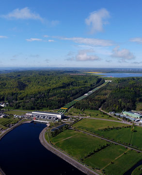 Aerial view of the Zarnowiec Hydroelectric Power Plant. Czymanowo on Lake Zarnowieckie in the commune of Gniewino.