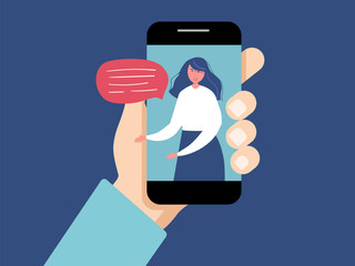 customer and operator, online technical support 24-7 for web page. Vector illustration male hotline operator advises client. Online assistant, virtual help service smartphone.