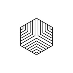 Striped hexagon in black and white, monochrome isometric cube