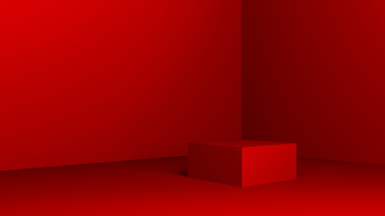 red pedestal on a red background with place for text, cube wall and floor 3d illustration
