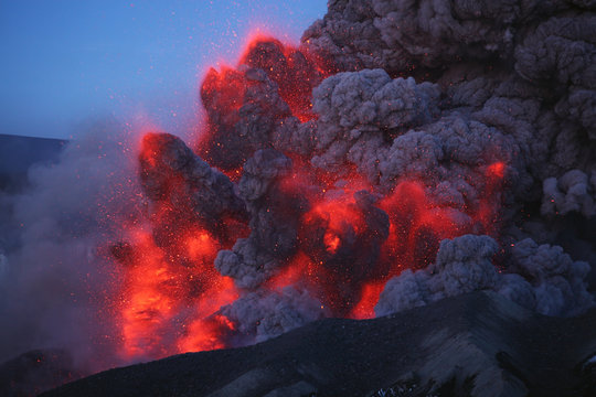 Iceland, View of lava erupting from Eyjafjallajokull