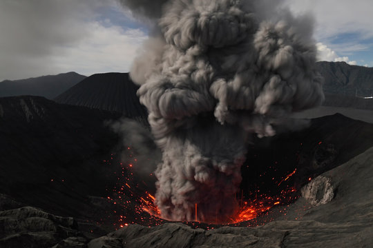 Indonesia, Java, View of lava erupting from Bromo volcano