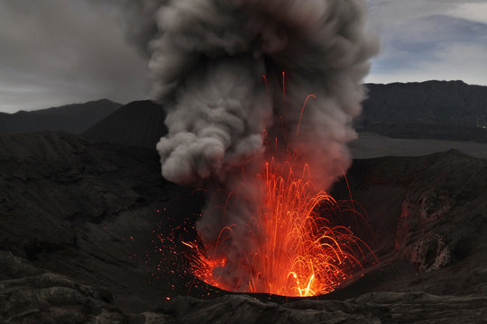 Indonesia, Java, View of lava erupting from Bromo volcano