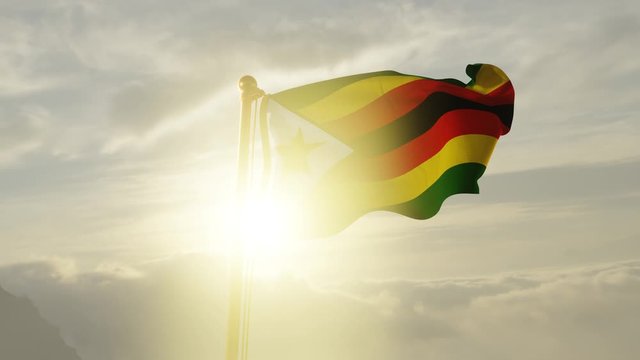Flag of Zimbabwe Waving in the wind, Sky and Sun Background, Slow Motion, Realistic Animation, 4K UHD 60 FPS Slow-Motion