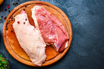 duck breast raw fillet meat, grilled meat.
Menu food background keto or paleo diet. top view. copy space