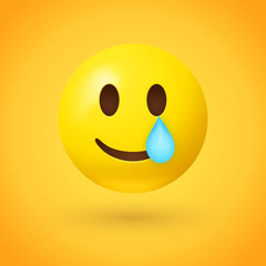 Smiling face with tear emoji - yellow face with smile and a teardrop under one eye on yellow background