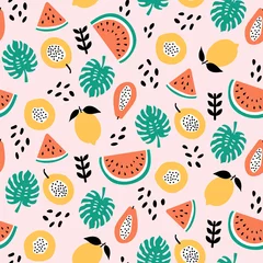 Gordijnen Tropical fruit mix seamless pattern design on light pink background © Vilmos