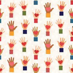 Human hands with red hearts seamless pattern - donating, charity and volunteering concept surface design