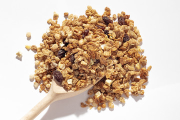 Top view cereal, wooden spoon, сlose up cereal, berry, nut, healthy breakfast concept