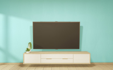 Cabinet wooden in mint empty interior room style, 3d rendering
